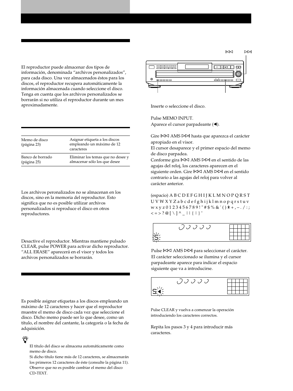 Funciones de los archivos personalizados, Grabación a partir de discos compactos, Es posible almacenar esta información | Dónde se almacenan los archivos personalizados, Etiquetado de discos en el reproductor | Sony CDP-CE515 User Manual | Page 79 / 112