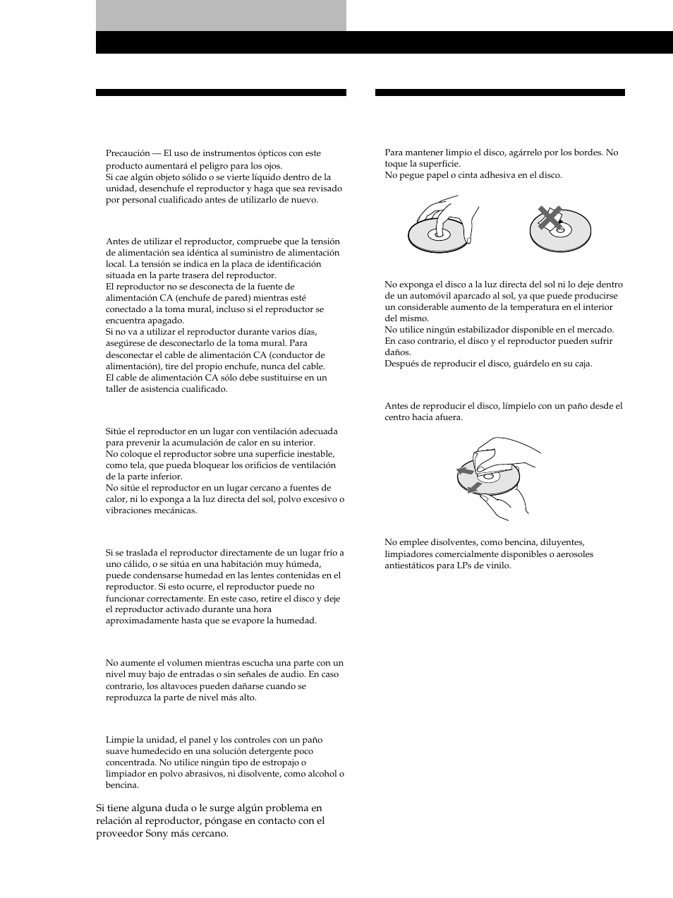 Notas sobre discos compactos, Precauciones, Información adicional | Sony CDP-CE515 User Manual | Page 82 / 112