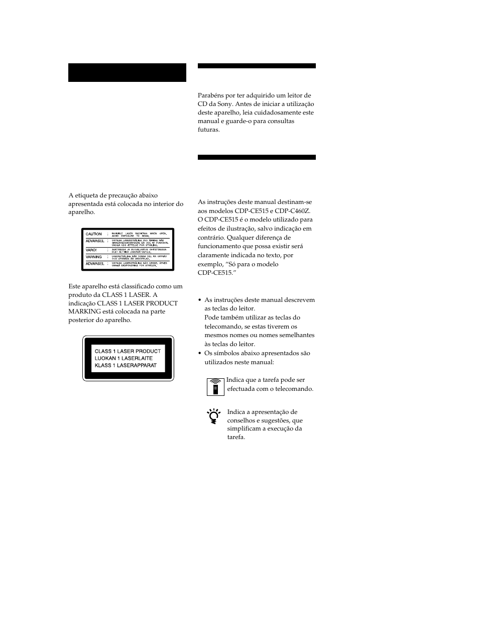 Bem-vindo, Acerca deste manual, Aviso | Sony CDP-CE515 User Manual | Page 86 / 112