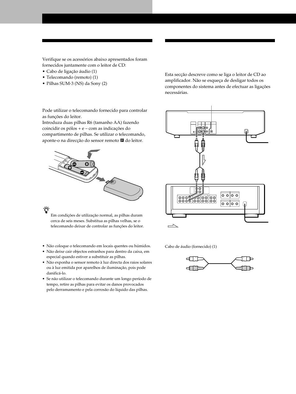 Ligação do sistema, Desempacotamento, Começar | Introdução, Introdução das pilhas no telecomando | Sony CDP-CE515 User Manual | Page 88 / 112