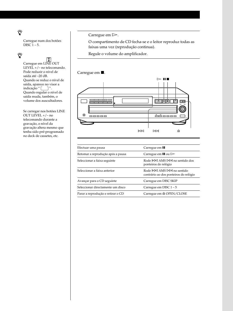 Opera çõ es b á sicas operações básicas, Para parar a reprodução, Carregue em p | Para, Faça o seguinte | Sony CDP-CE515 User Manual | Page 93 / 112