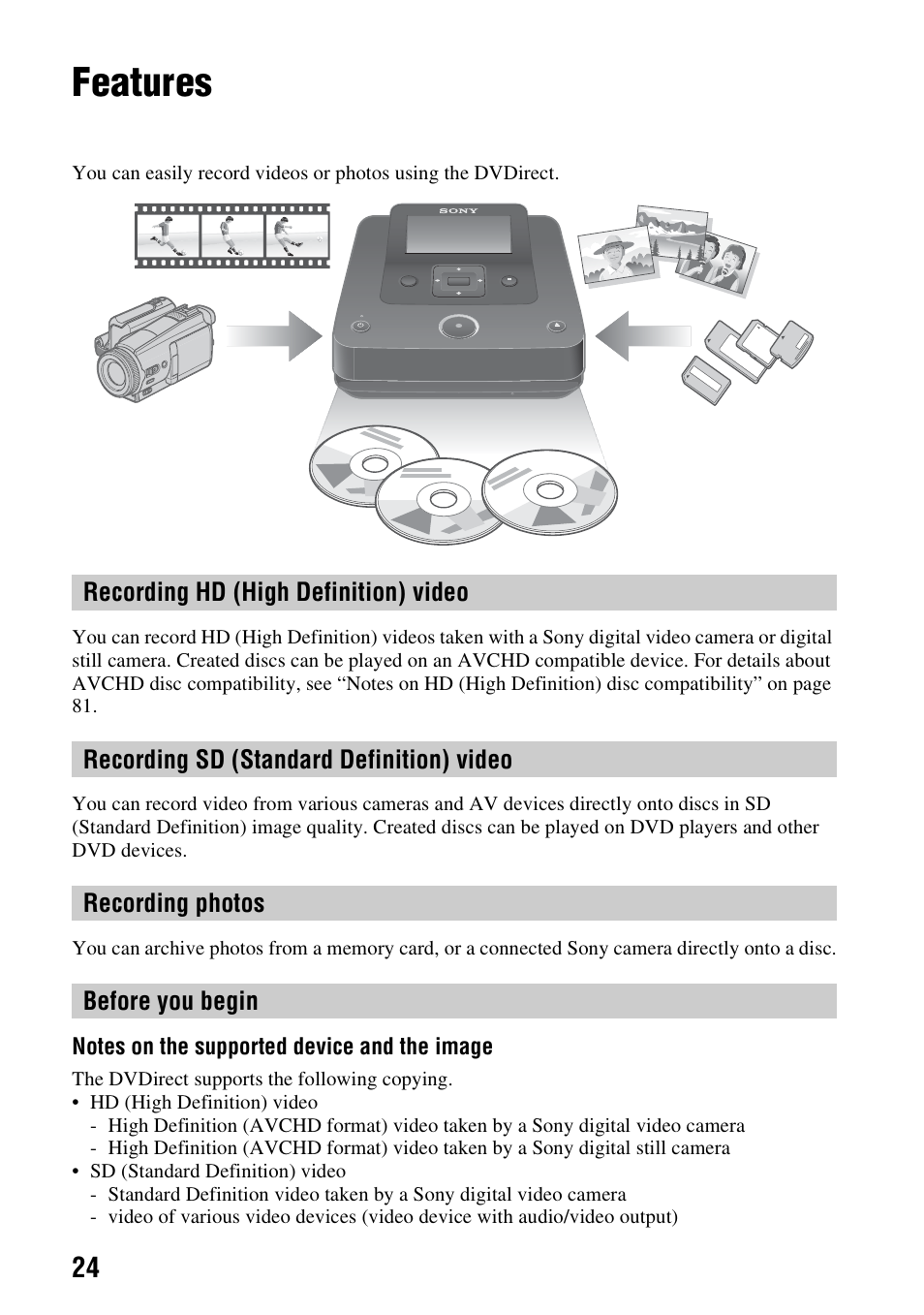 Features, Recording hd (high definition) video, Recording sd (standard definition) video | Recording photos, Before you begin, Recording hd (high definition), Video, Recording sd (standard definition), Recording photos before you begin | Sony VRD-MC6 User Manual | Page 24 / 92