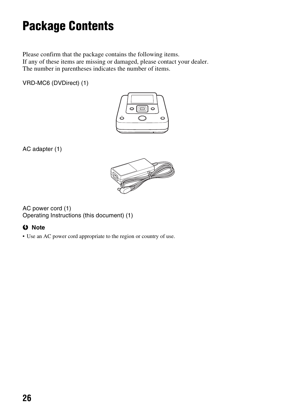 Package contents | Sony VRD-MC6 User Manual | Page 26 / 92