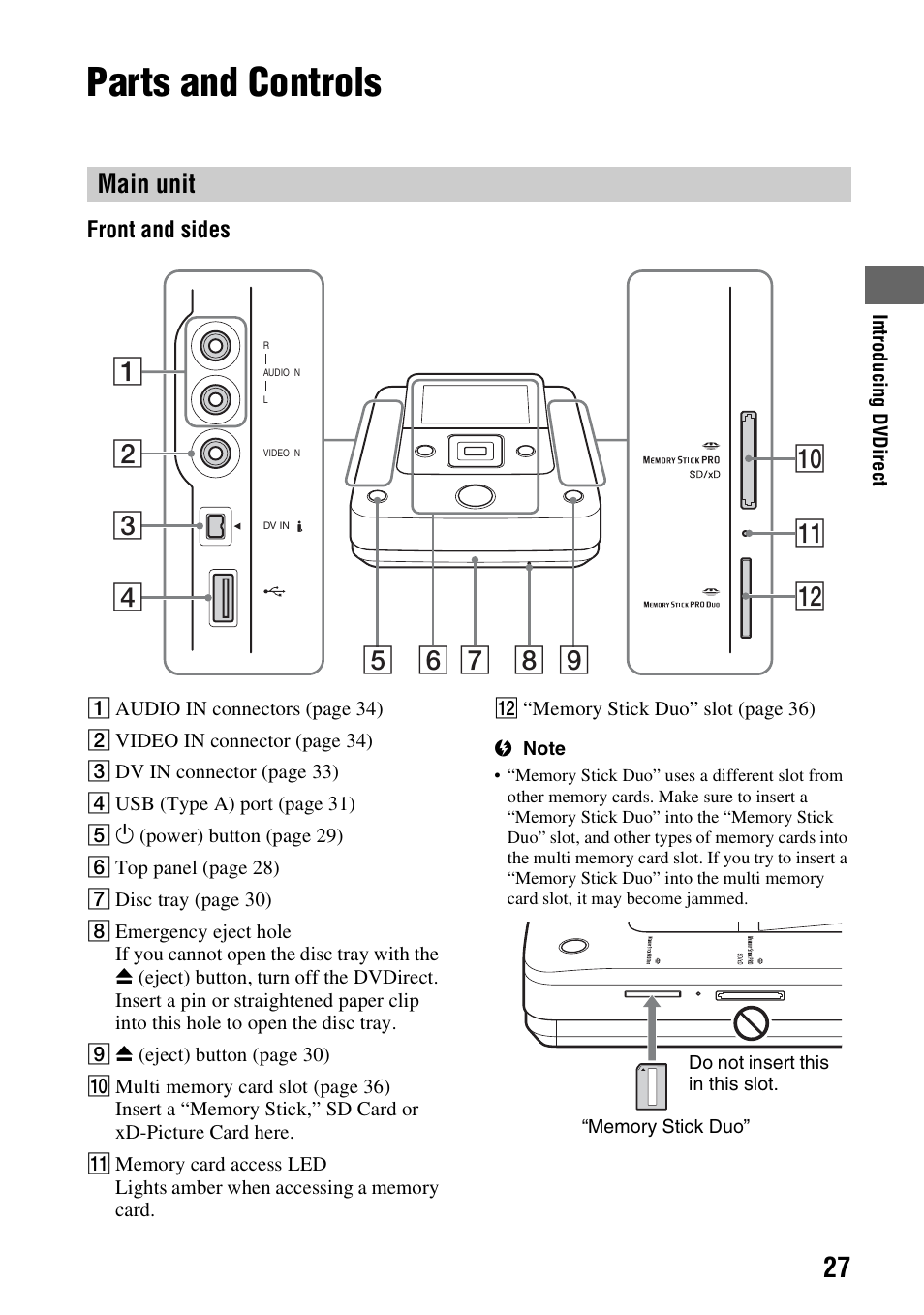 Parts and controls, Main unit | Sony VRD-MC6 User Manual | Page 27 / 92