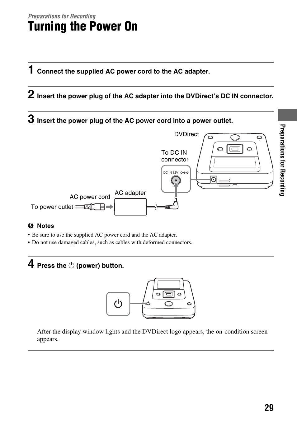 Preparations for recording, Turning the power on, E 29) | Sony VRD-MC6 User Manual | Page 29 / 92