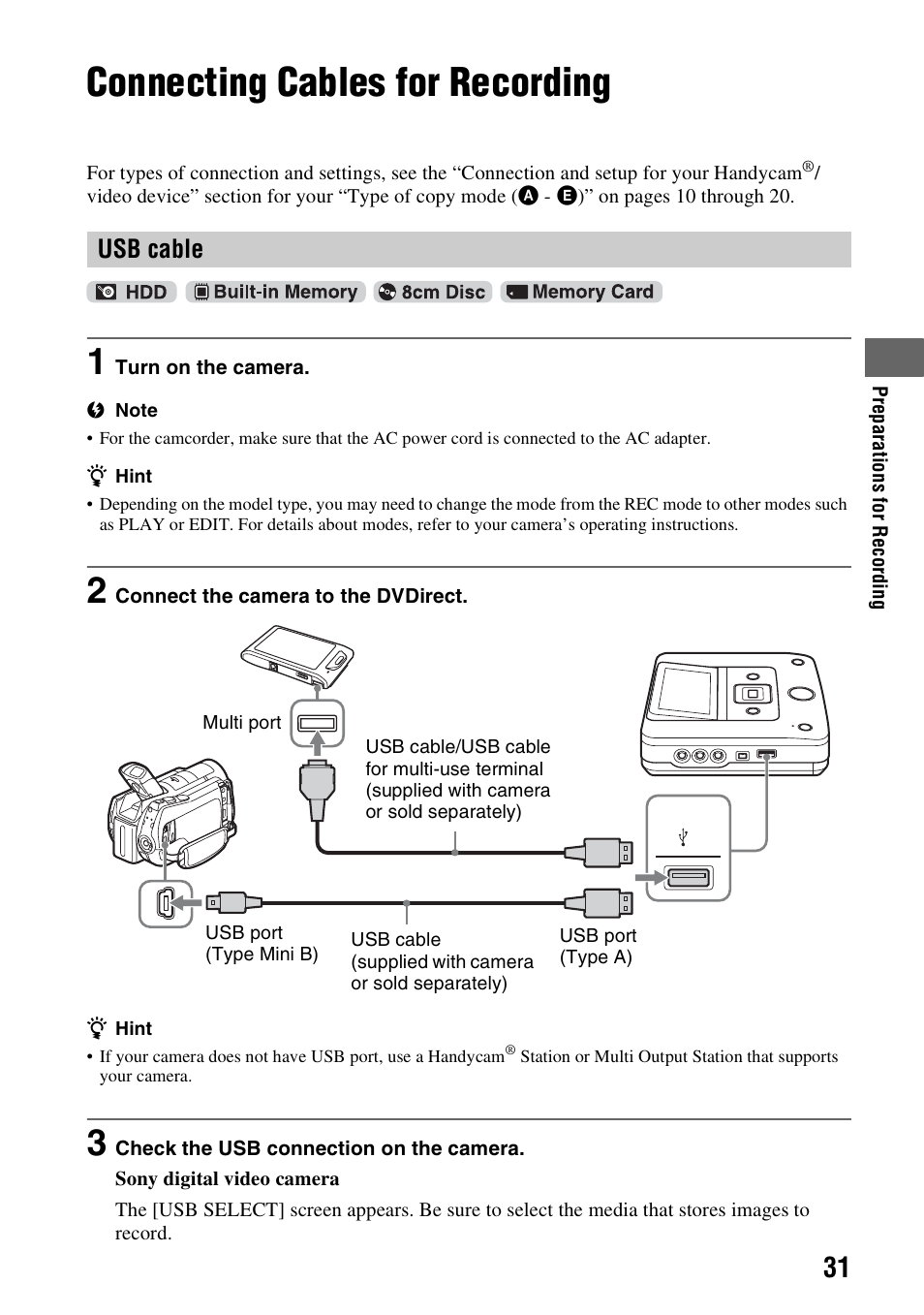 Connecting cables for recording, Usb cable | Sony VRD-MC6 User Manual | Page 31 / 92