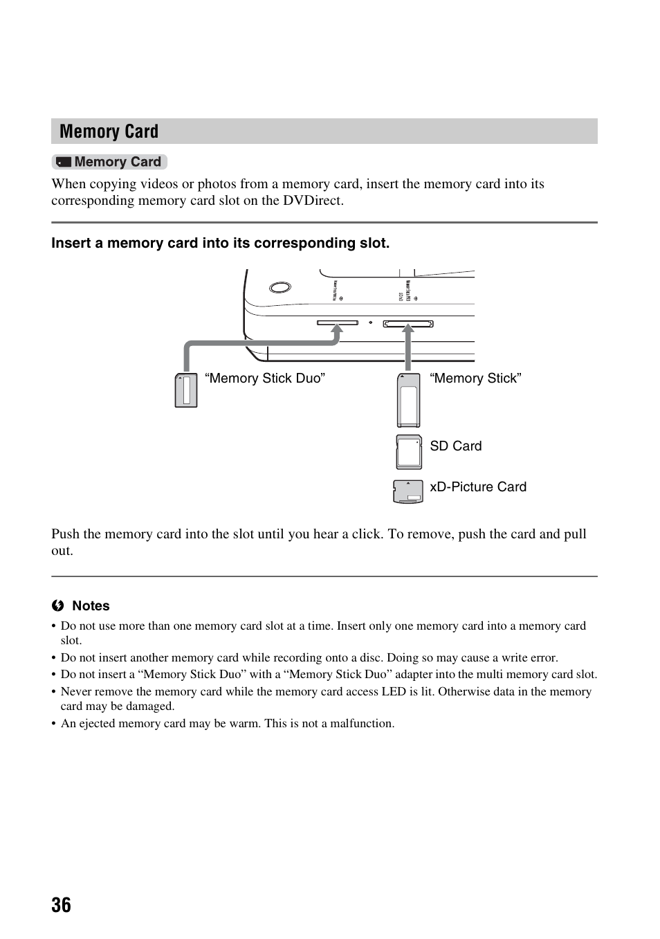 Memory card, E 36 | Sony VRD-MC6 User Manual | Page 36 / 92
