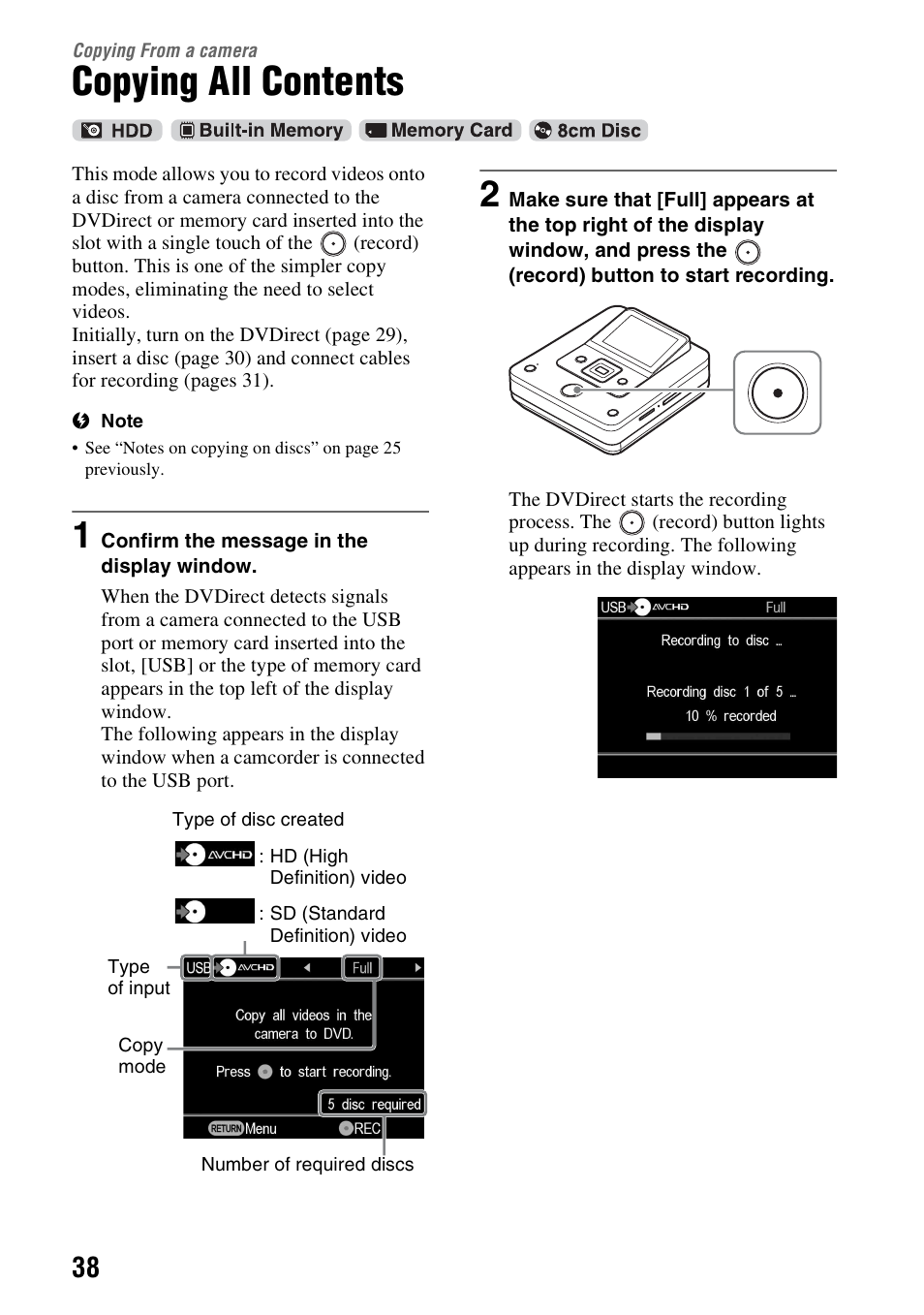 Copying from a camera, Copying all contents, Es 38 | Sony VRD-MC6 User Manual | Page 38 / 92