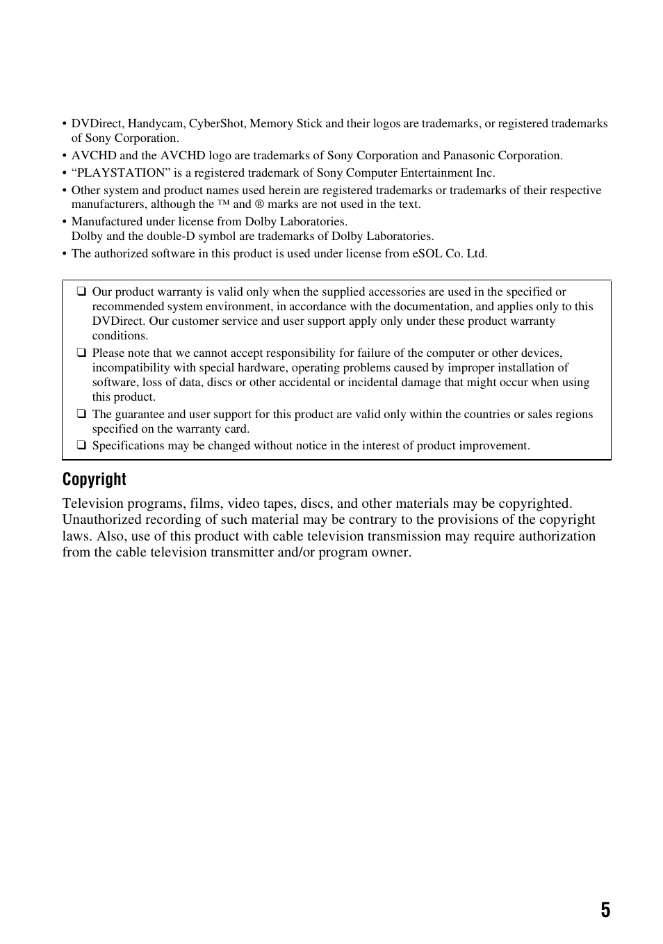 Copyright | Sony VRD-MC6 User Manual | Page 5 / 92