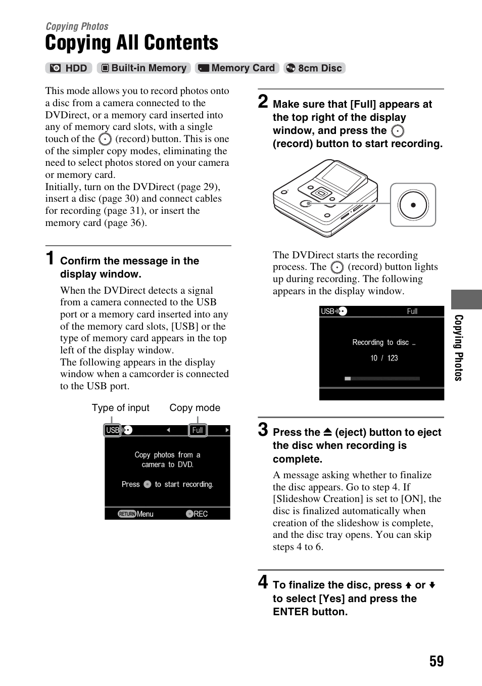 Copying photos, Copying all contents, Es 59 | Sony VRD-MC6 User Manual | Page 59 / 92