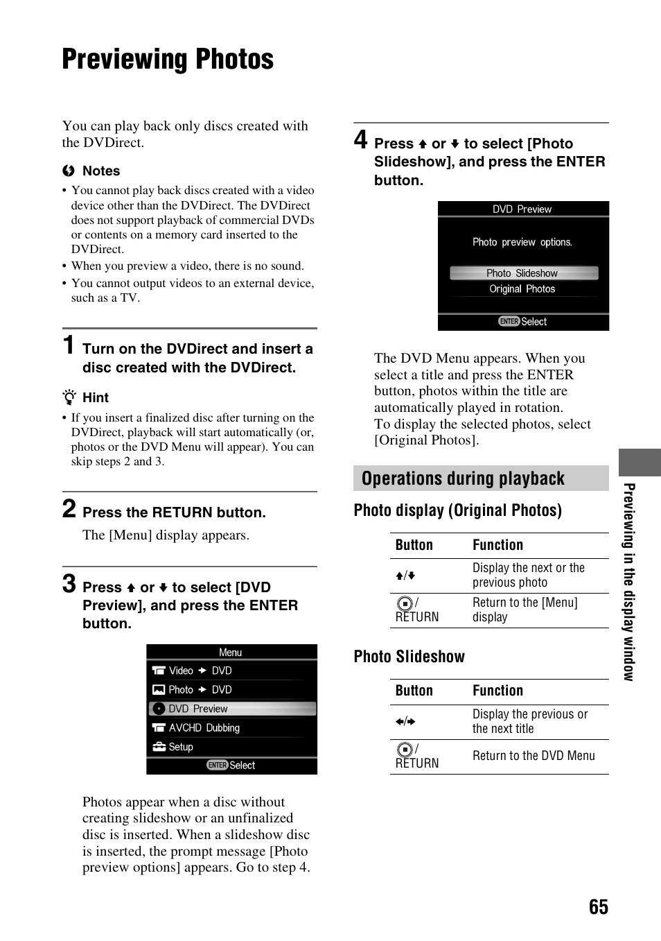 Previewing photos, Operations during playback | Sony VRD-MC6 User Manual | Page 65 / 92