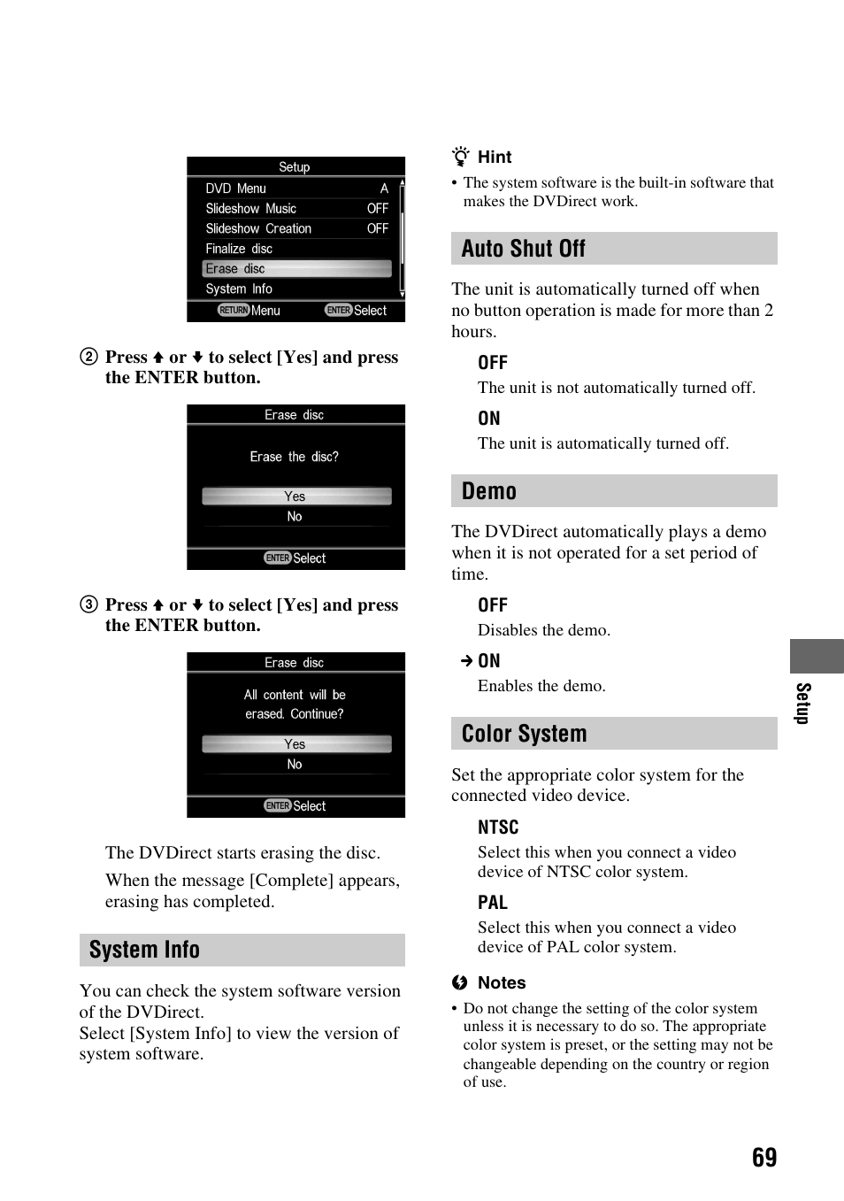 System info, Auto shut off, Demo | Color system, System info auto shut off demo color system | Sony VRD-MC6 User Manual | Page 69 / 92