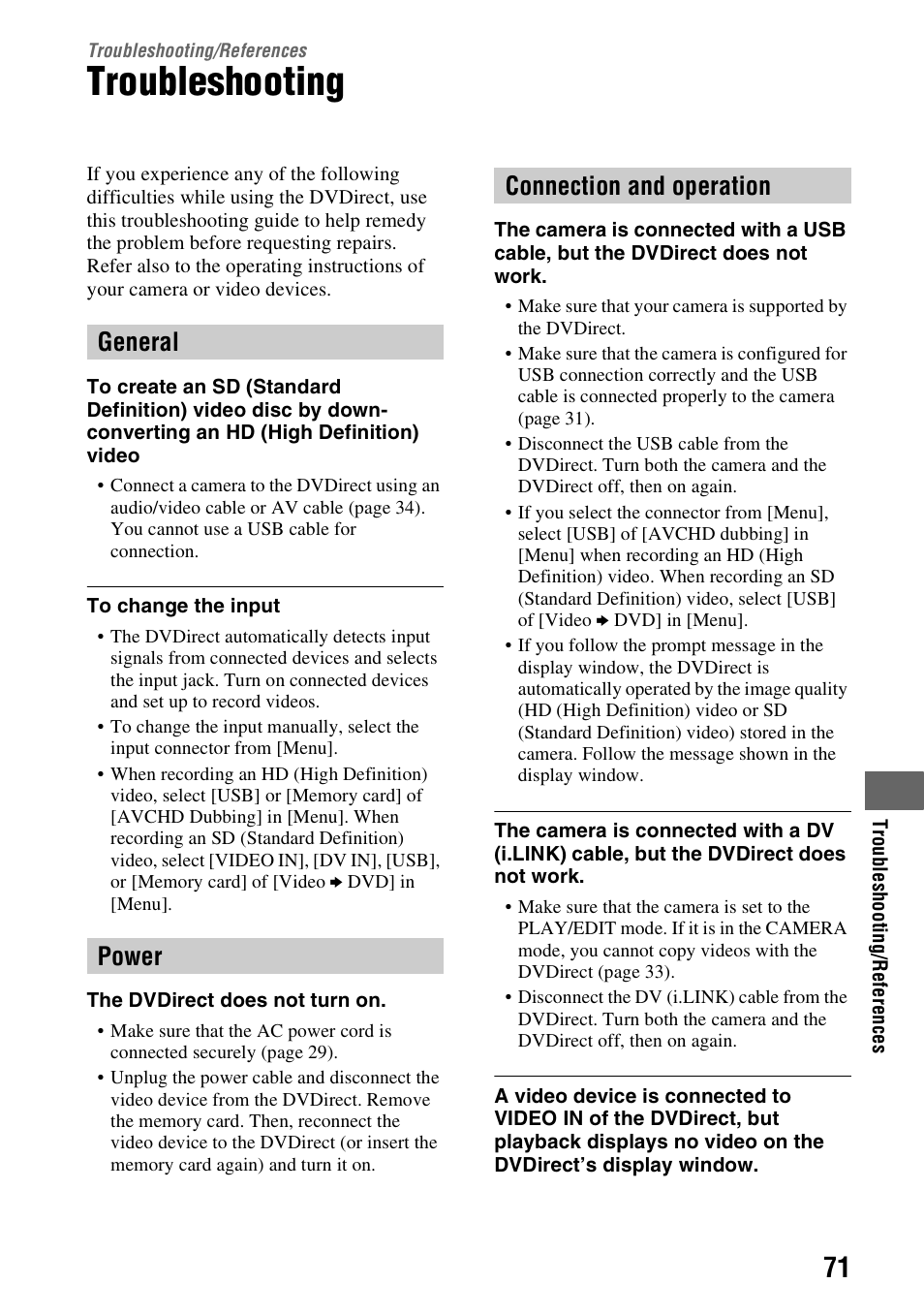 Troubleshooting/references, Troubleshooting, References | General power connection and operation | Sony VRD-MC6 User Manual | Page 71 / 92
