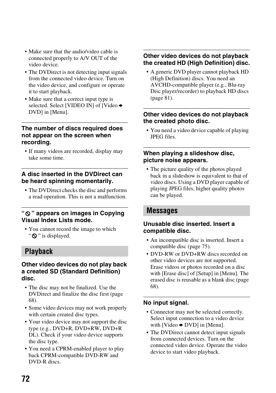 Playback messages | Sony VRD-MC6 User Manual | Page 72 / 92