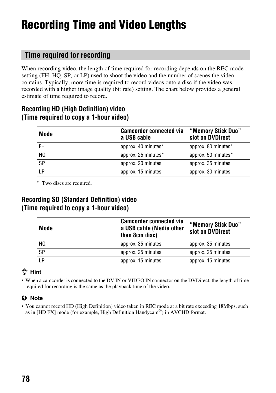 Recording time and video lengths, Time required for recording | Sony VRD-MC6 User Manual | Page 78 / 92