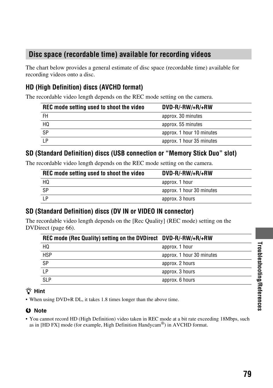 Hd (high definition) discs (avchd format) | Sony VRD-MC6 User Manual | Page 79 / 92