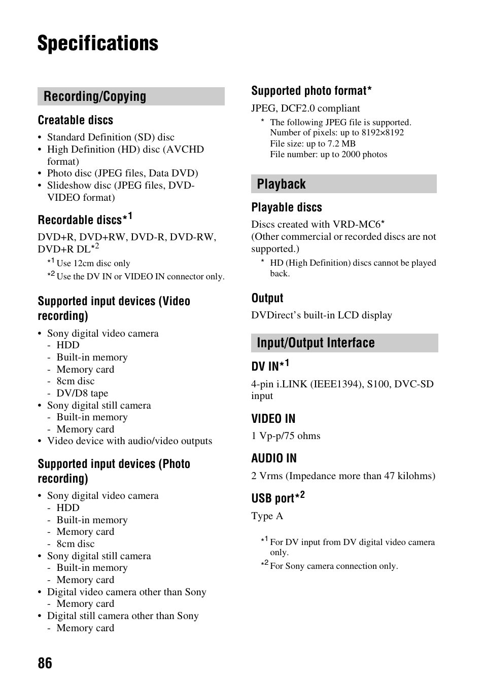 Specifications, Recording/copying, Playback | Input/output interface | Sony VRD-MC6 User Manual | Page 86 / 92