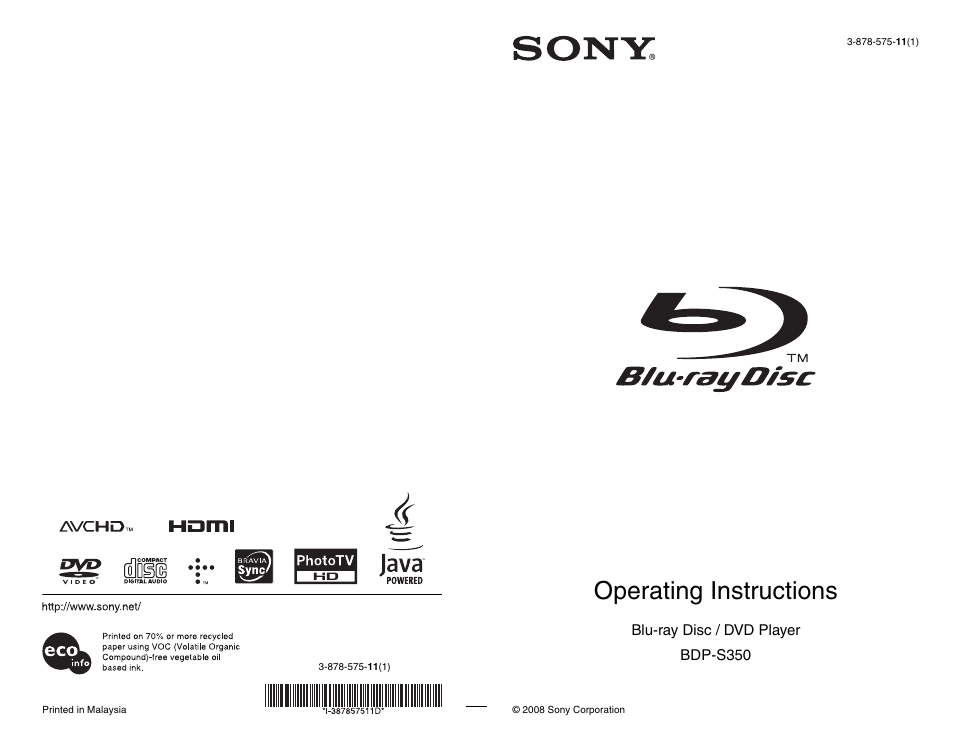 Sony BDP-S350 User Manual | 71 pages