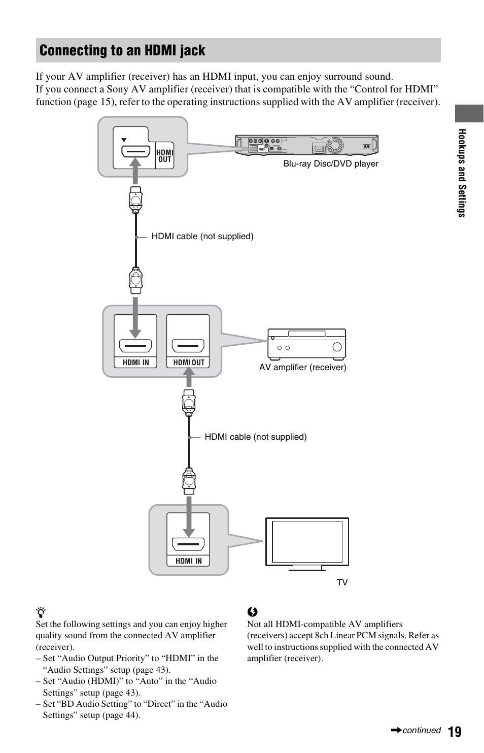 Connecting to an hdmi jack | Sony BDP-S350 User Manual | Page 19 / 71