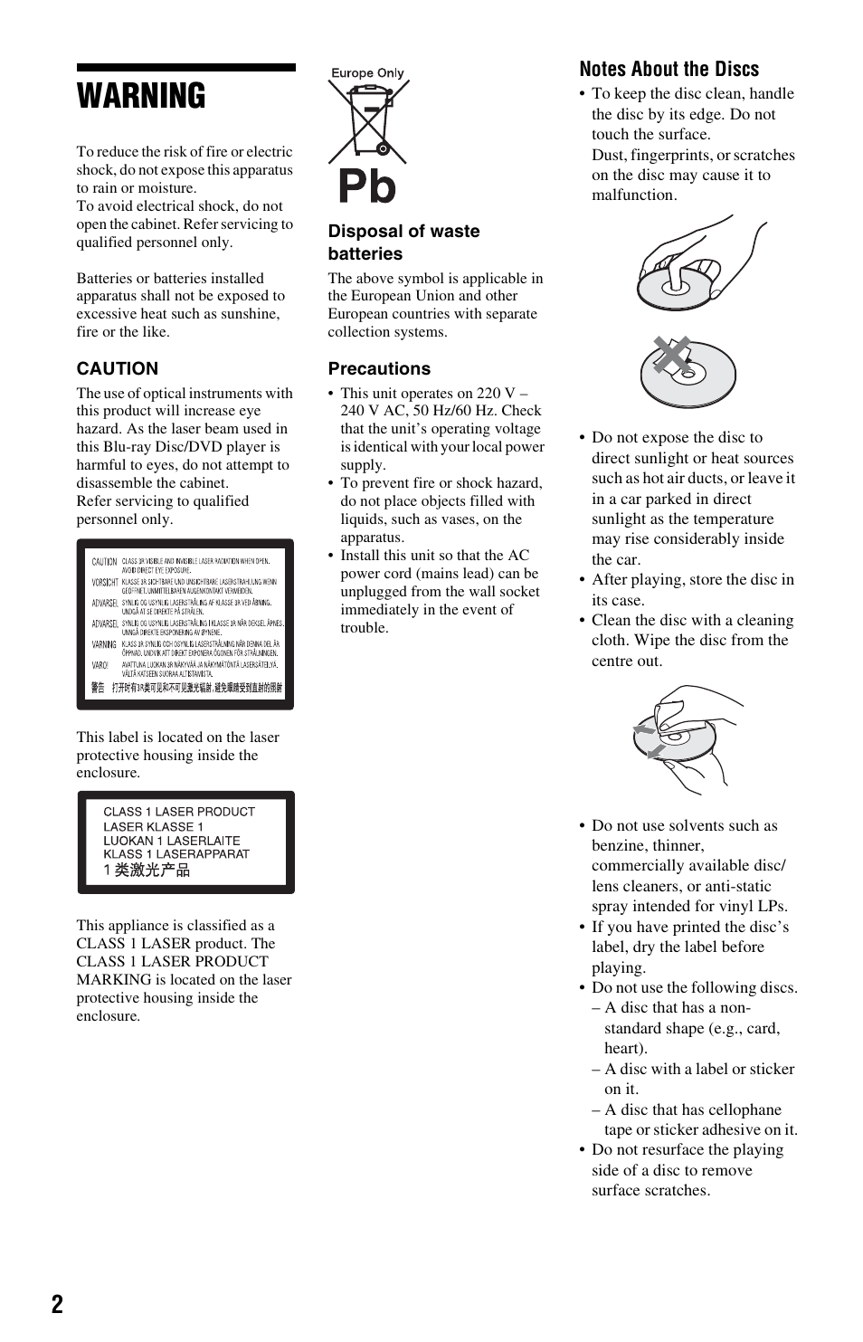 Warning | Sony BDP-S350 User Manual | Page 2 / 71