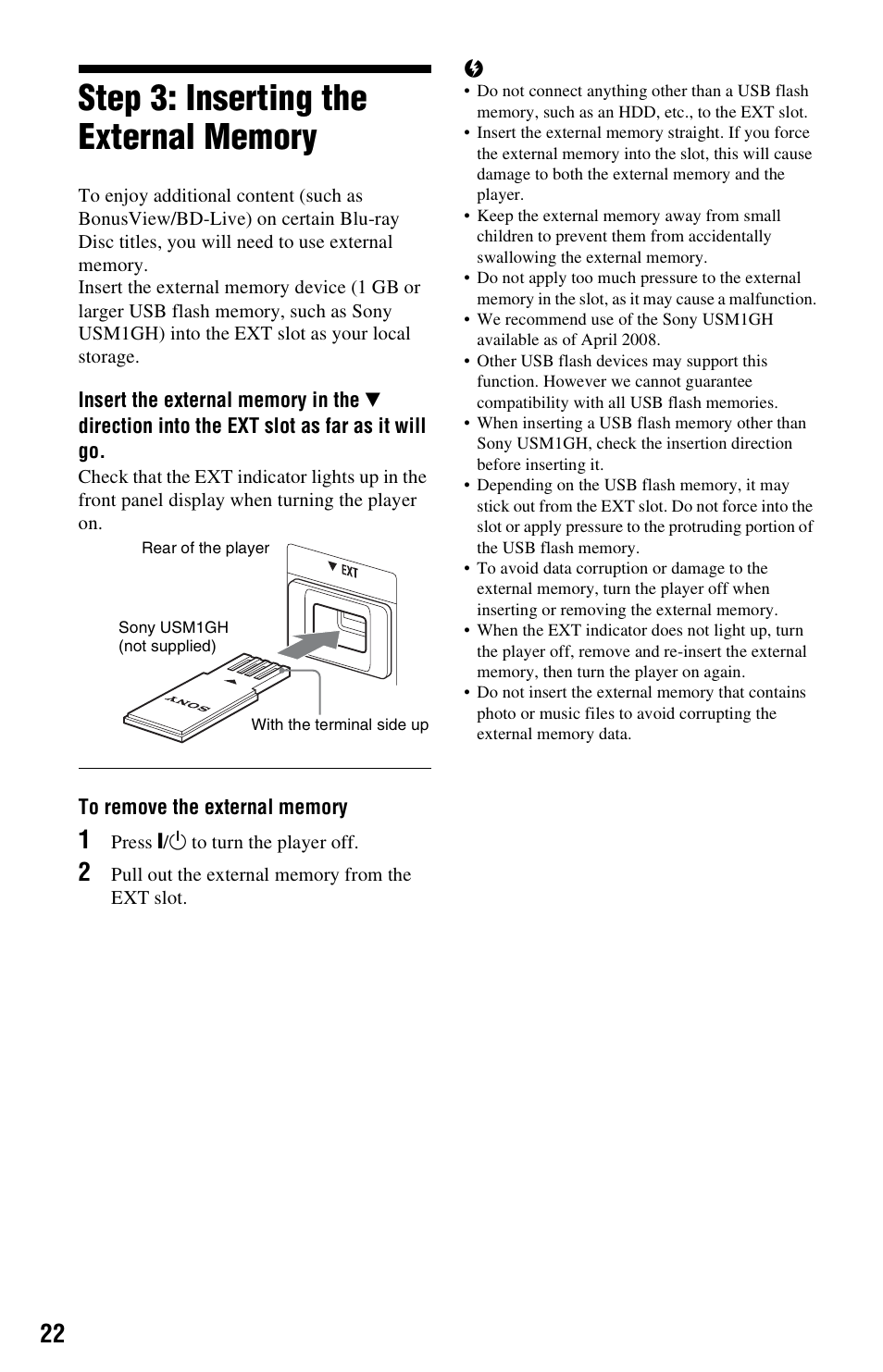 Step 3: inserting the external memory | Sony BDP-S350 User Manual | Page 22 / 71