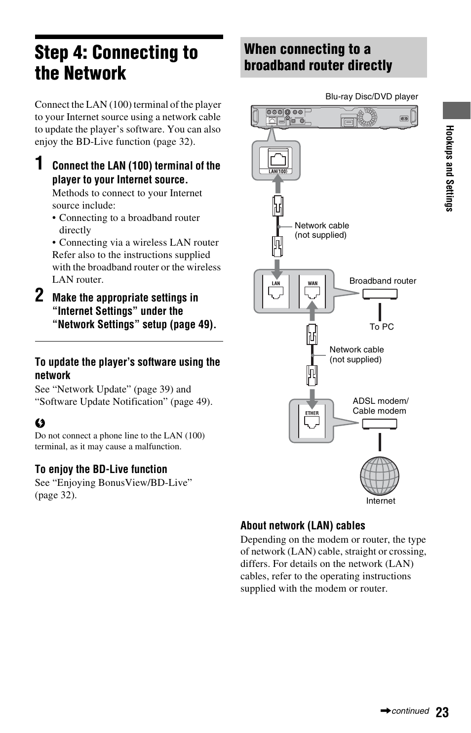 Step 4: connecting to the network, When connecting to a broadband router directly | Sony BDP-S350 User Manual | Page 23 / 71