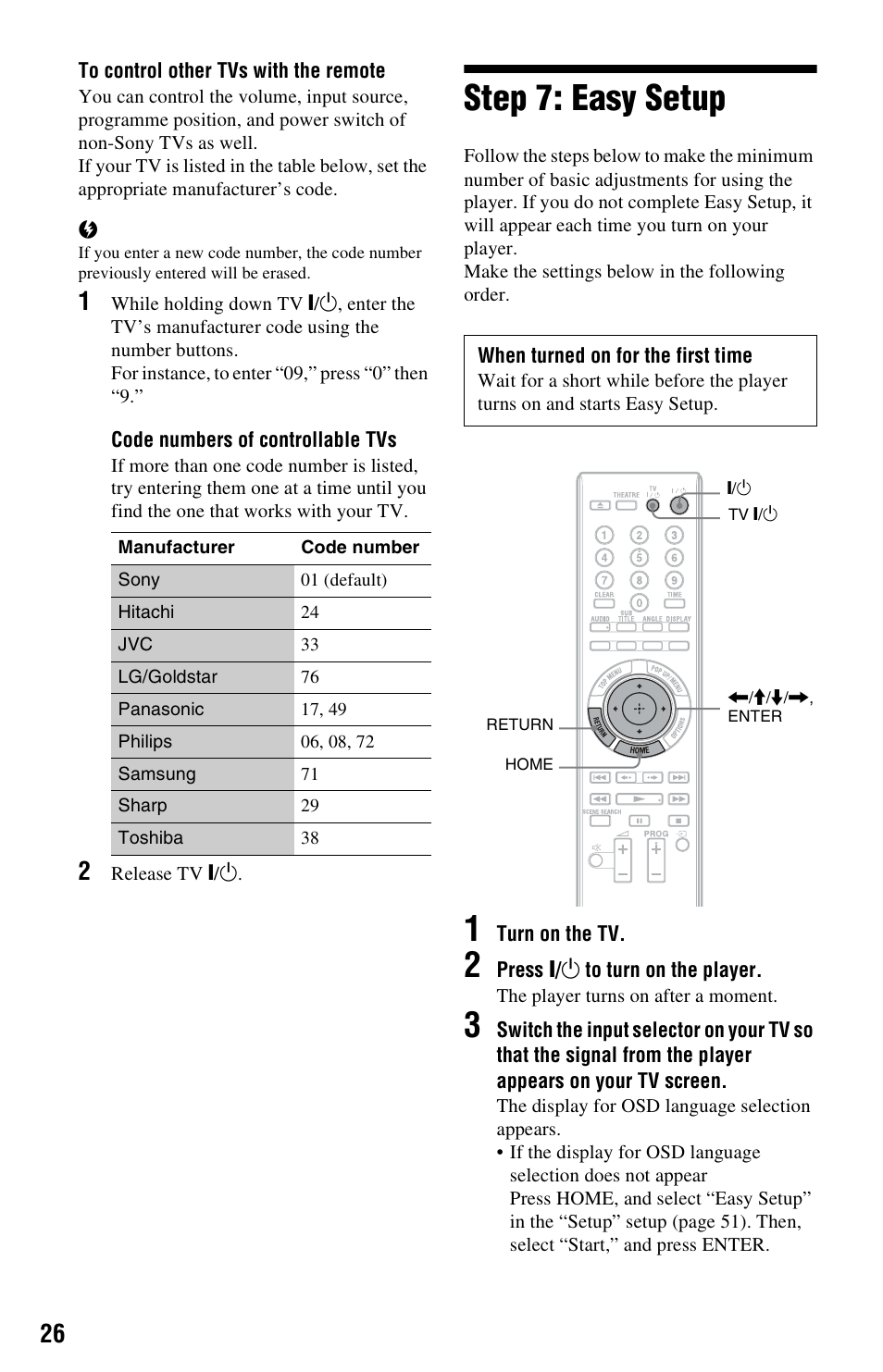 Step 7: easy setup | Sony BDP-S350 User Manual | Page 26 / 71