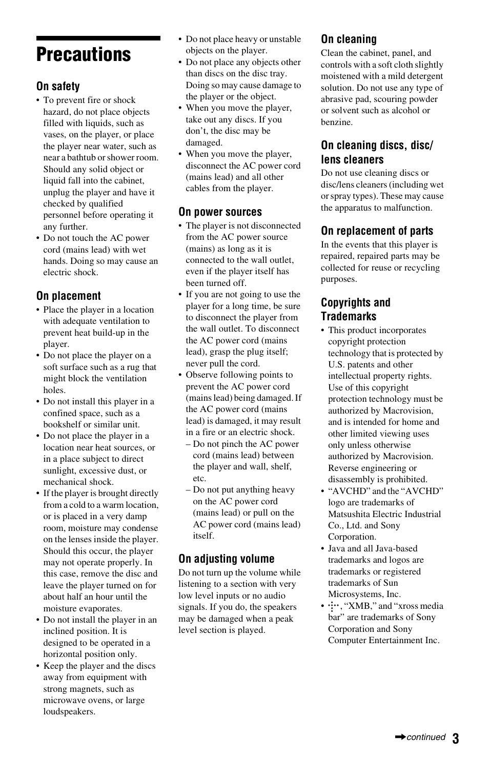 Precautions | Sony BDP-S350 User Manual | Page 3 / 71