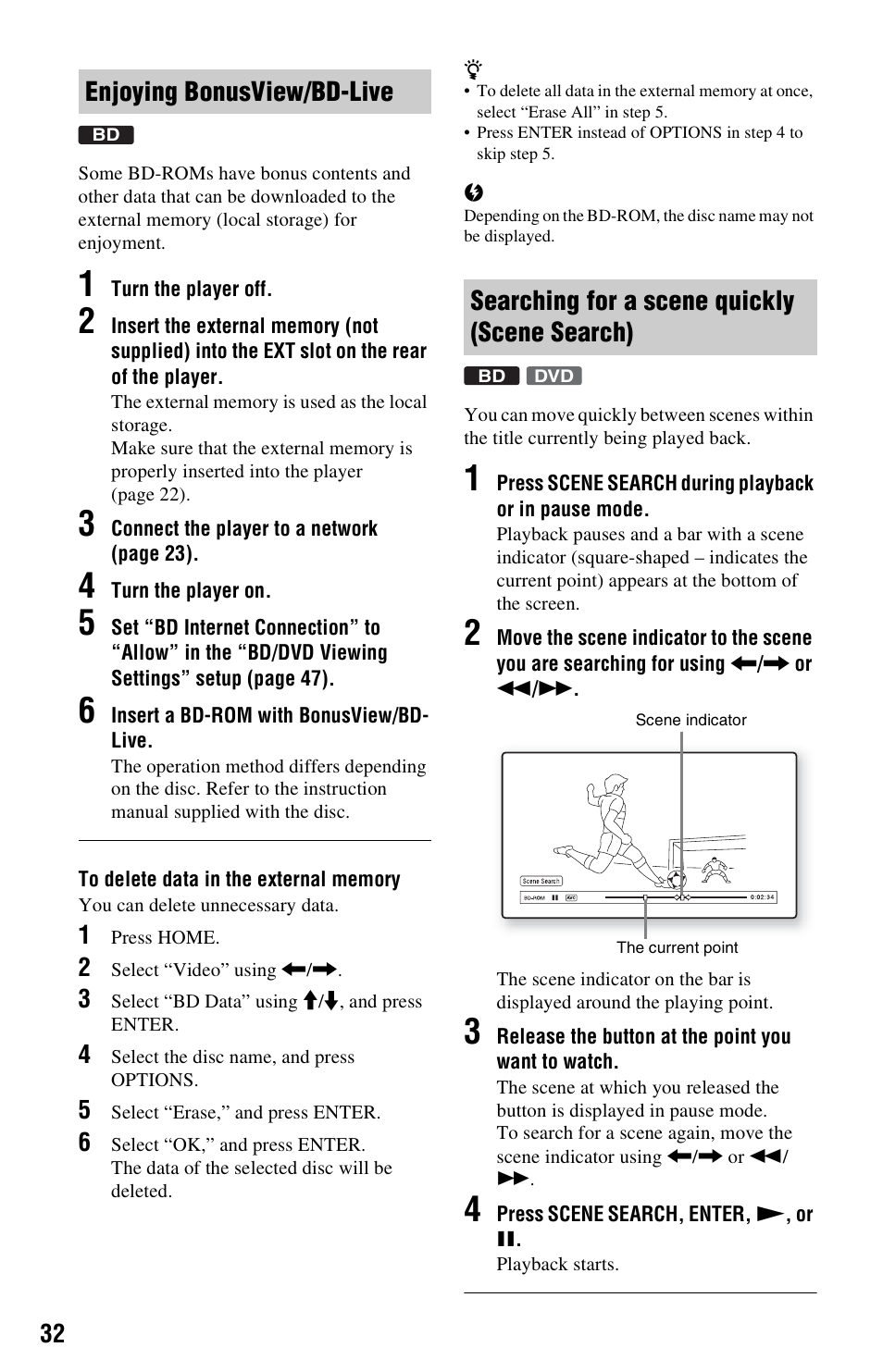 Enjoying bonusview/bd-live, Searching for a scene quickly (scene search) | Sony BDP-S350 User Manual | Page 32 / 71