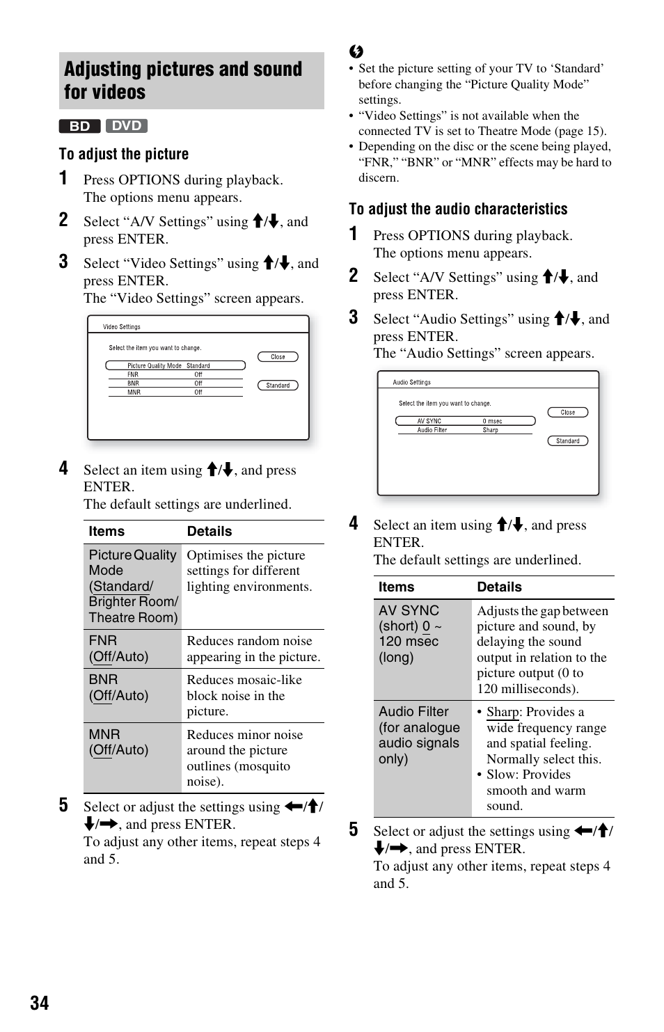 Adjusting pictures and sound for videos | Sony BDP-S350 User Manual | Page 34 / 71