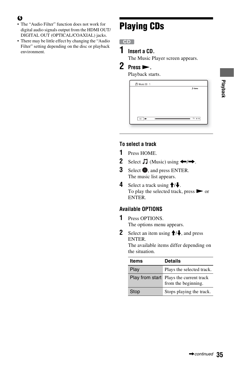 Playing cds, Playing cds 1 | Sony BDP-S350 User Manual | Page 35 / 71