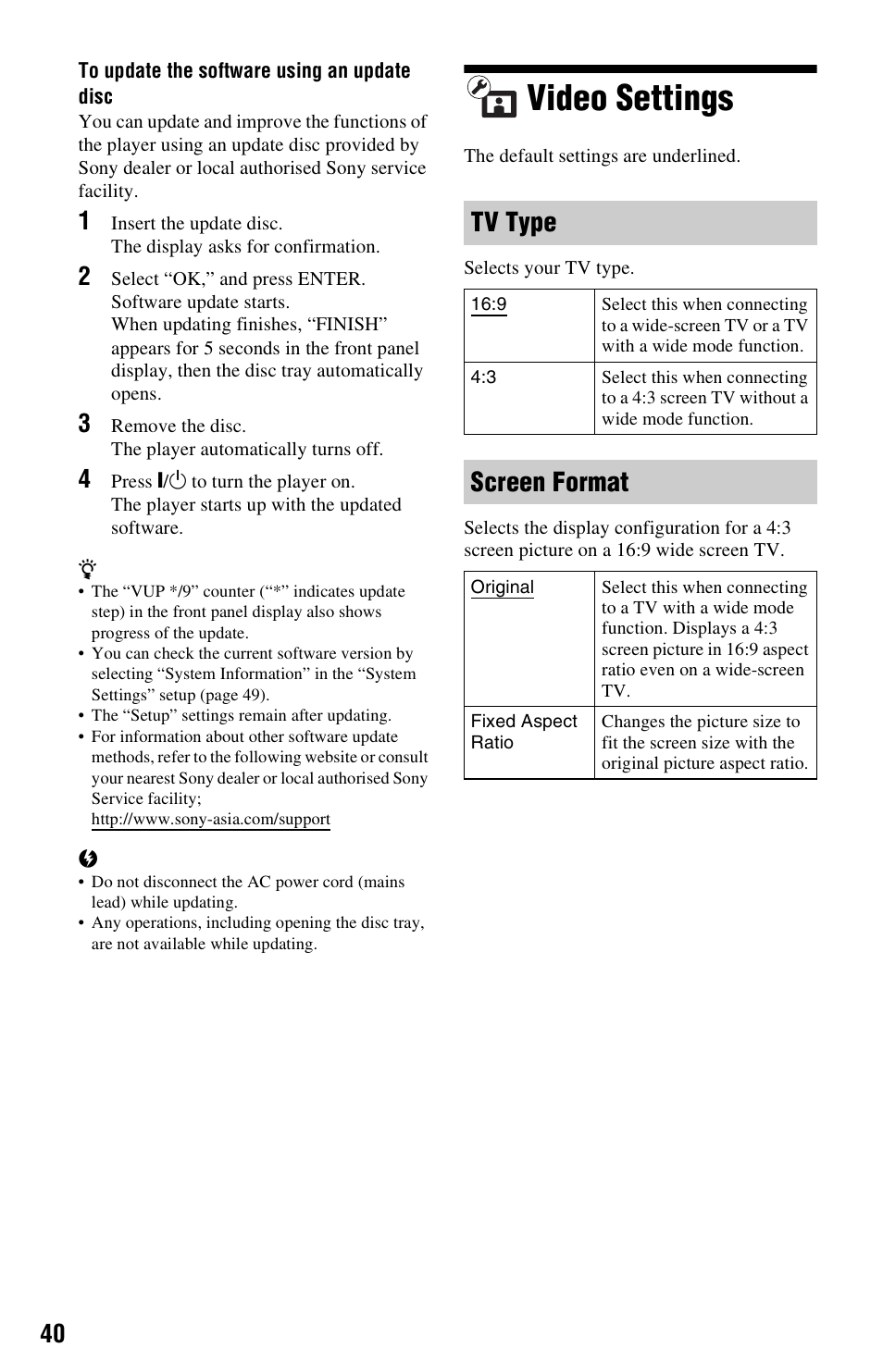 Video settings, Tv type, Screen format | Sony BDP-S350 User Manual | Page 40 / 71