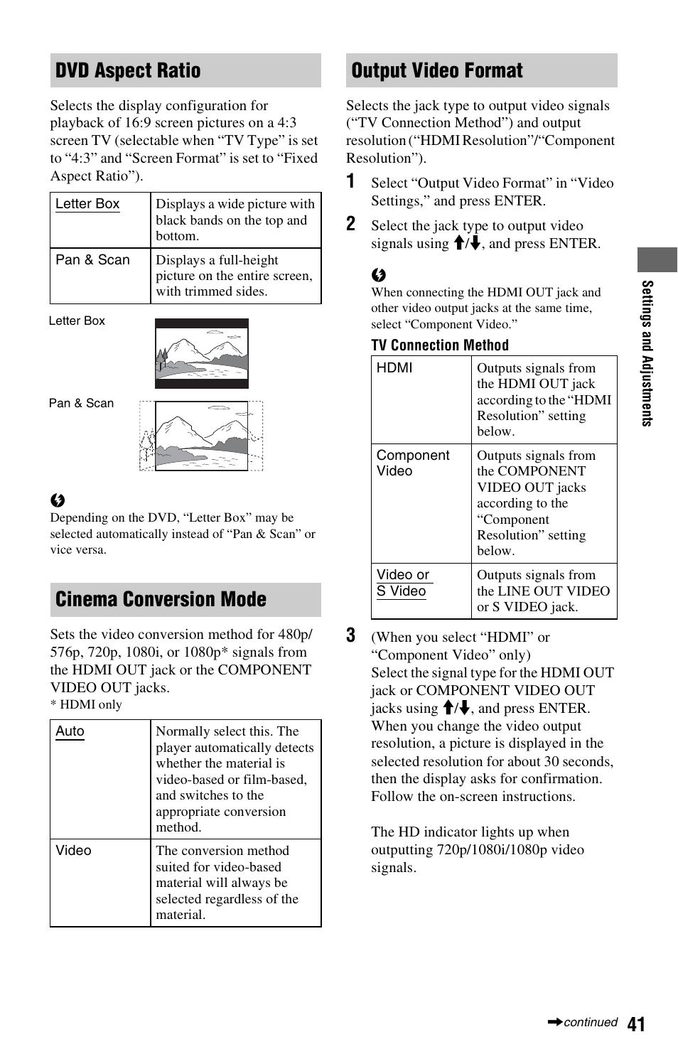 Dvd aspect ratio, Cinema conversion mode, Output video format | Sony BDP-S350 User Manual | Page 41 / 71