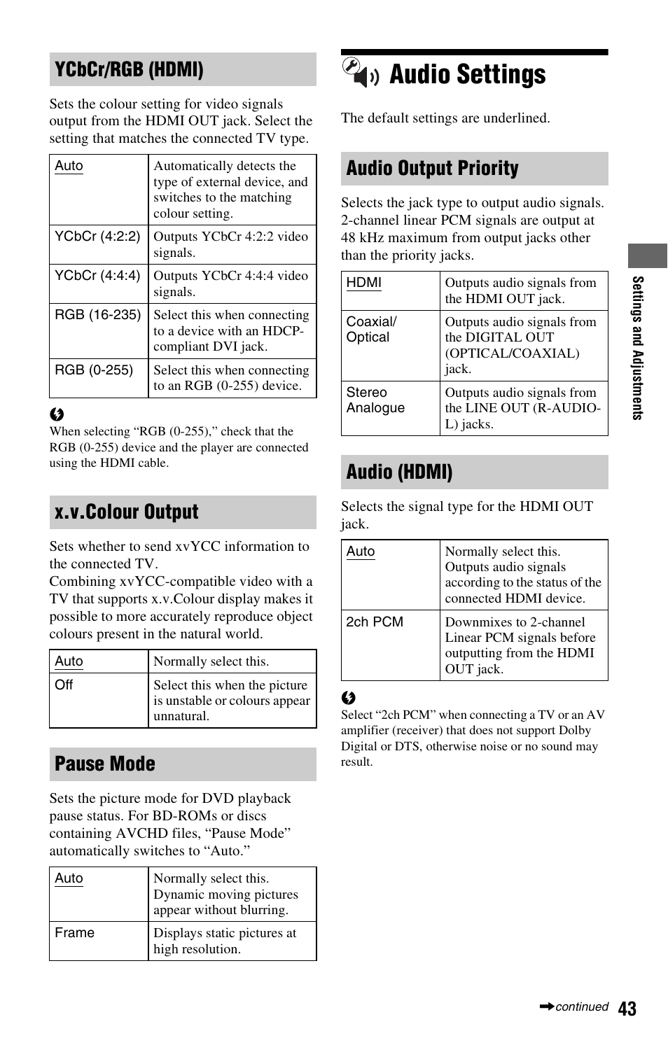 Audio settings, Ycbcr/rgb (hdmi), X.v.colour output | Pause mode, Audio output priority, Audio (hdmi) | Sony BDP-S350 User Manual | Page 43 / 71