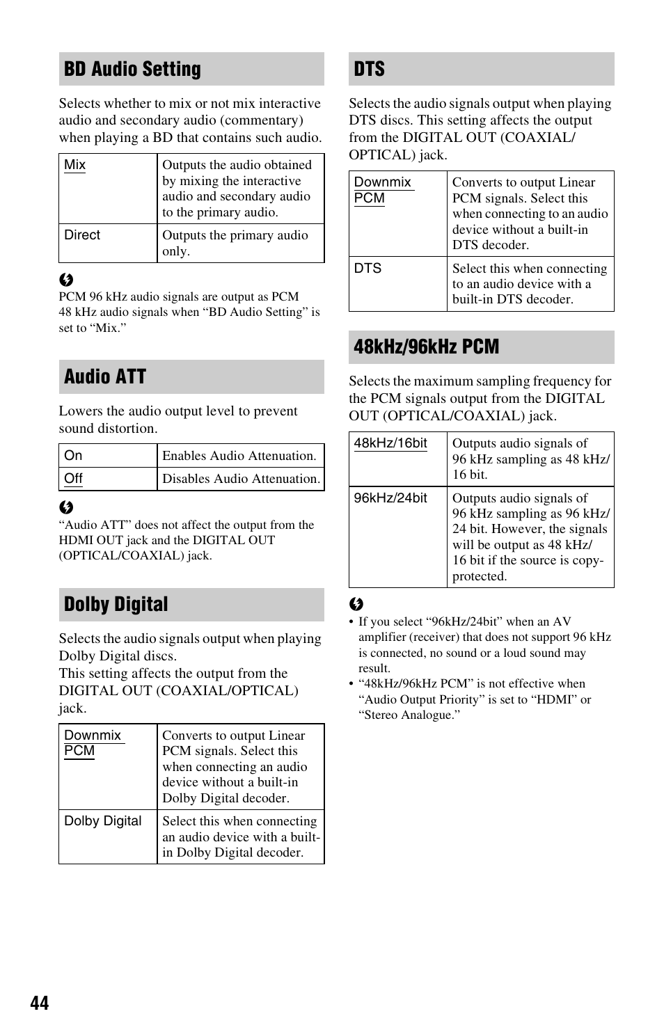 Bd audio setting, Audio att, Dolby digital | 48khz/96khz pcm | Sony BDP-S350 User Manual | Page 44 / 71