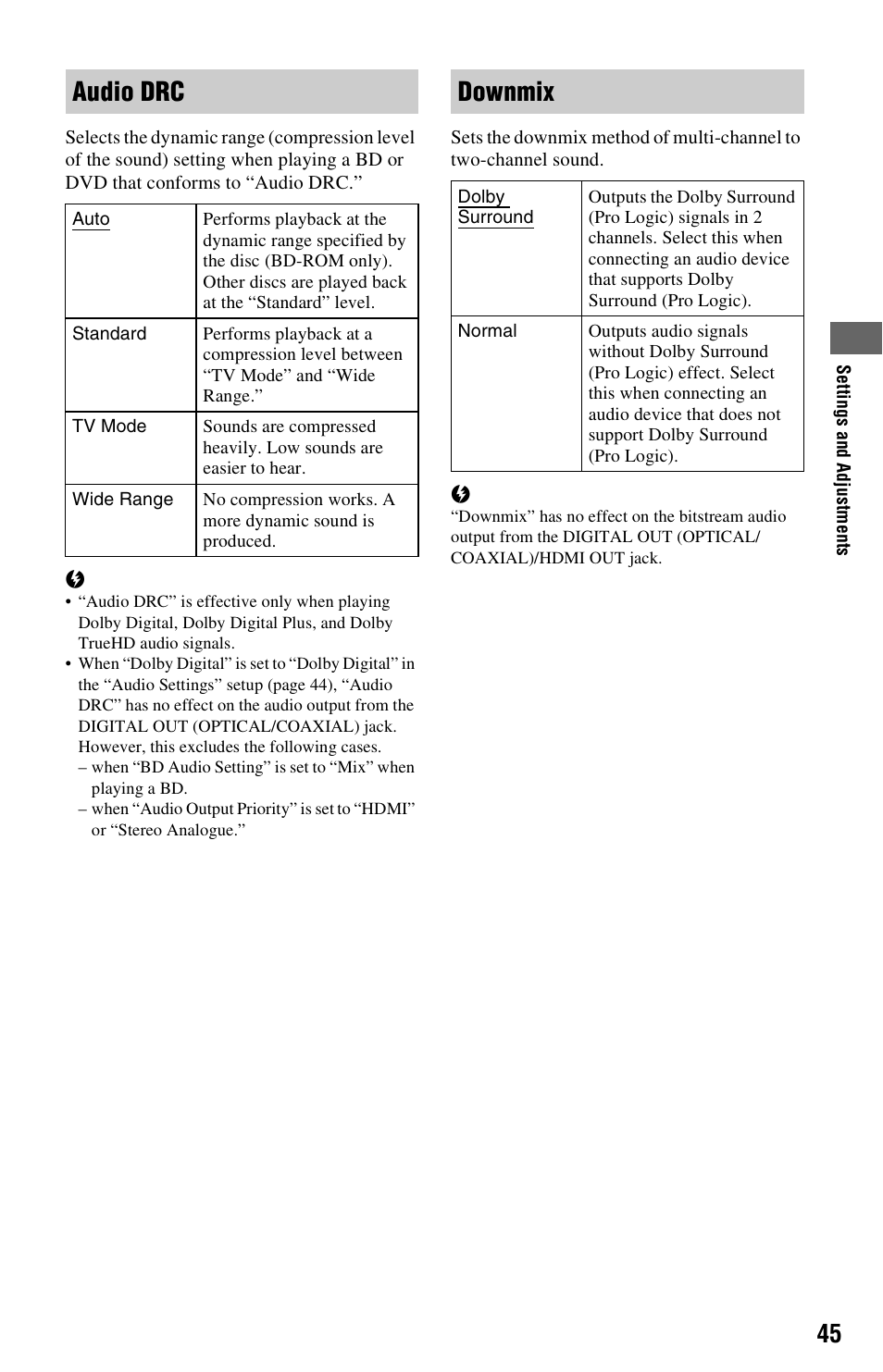 Audio drc, Downmix | Sony BDP-S350 User Manual | Page 45 / 71