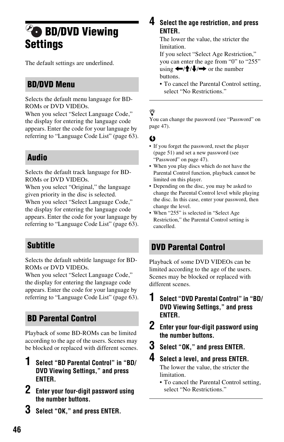 Bd/dvd viewing settings | Sony BDP-S350 User Manual | Page 46 / 71