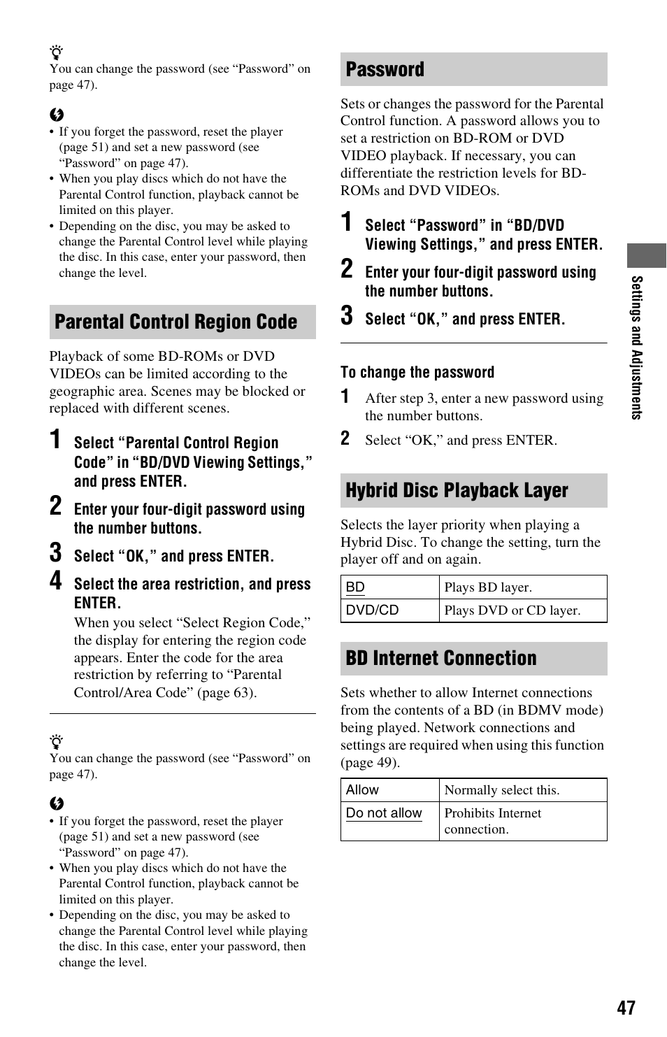 Bd internet connection | Sony BDP-S350 User Manual | Page 47 / 71