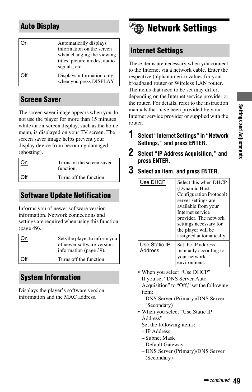 Network settings, Auto display, Screen saver | Software update notification, System information internet settings | Sony BDP-S350 User Manual | Page 49 / 71