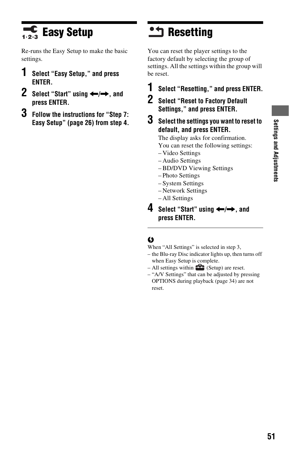 Easy setup, Resetting, Easy setup resetting | Sony BDP-S350 User Manual | Page 51 / 71