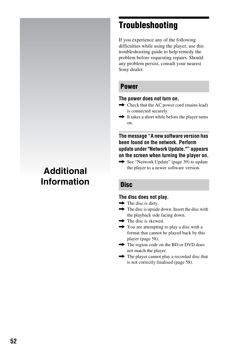 Additional information, Troubleshooting, Additional information troubleshooting | Power disc | Sony BDP-S350 User Manual | Page 52 / 71