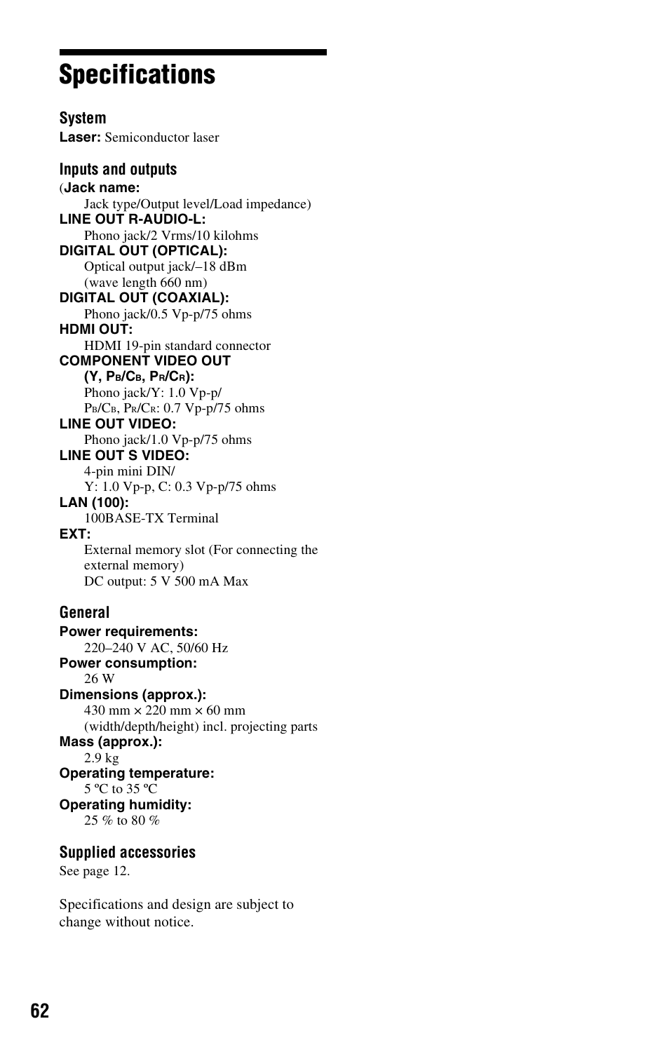 Specifications | Sony BDP-S350 User Manual | Page 62 / 71