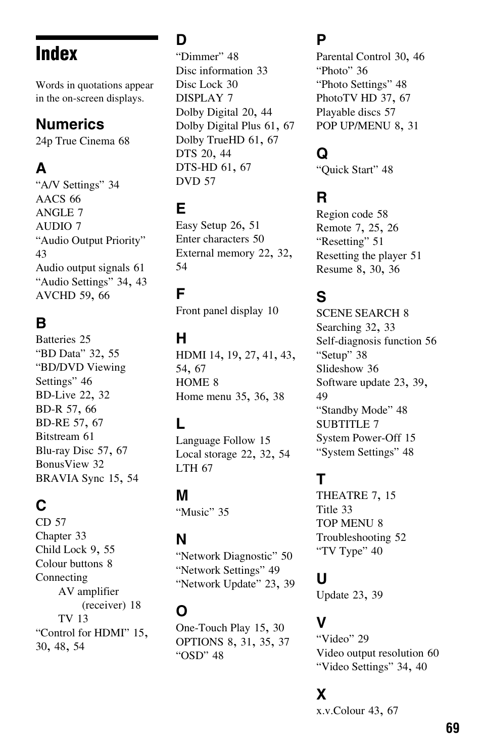 Index, Numerics | Sony BDP-S350 User Manual | Page 69 / 71