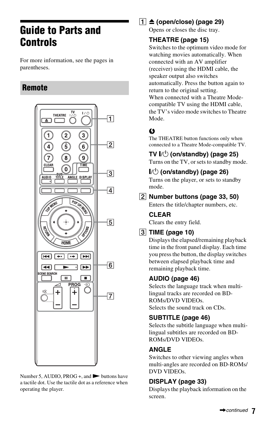 Guide to parts and controls, Remote | Sony BDP-S350 User Manual | Page 7 / 71