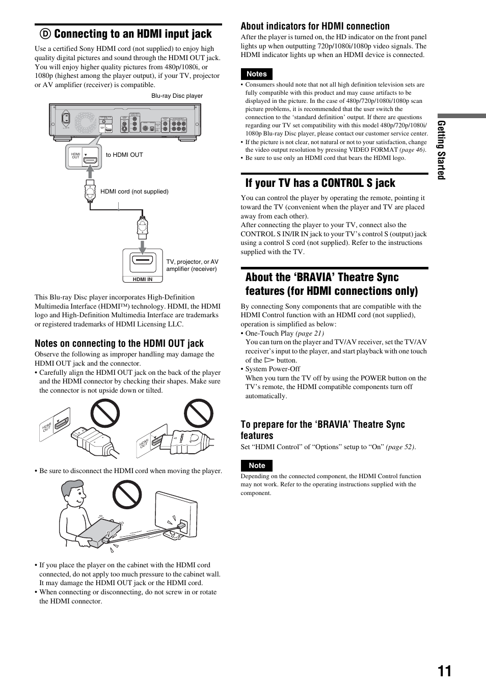 D connecting to an hdmi input jack, If your tv has a control s jack, For hdmi connections only) | Dconnecting to an hdmi input jack, Getting s tarted, About indicators for hdmi connection | Sony BDP-S2000ES User Manual | Page 11 / 71