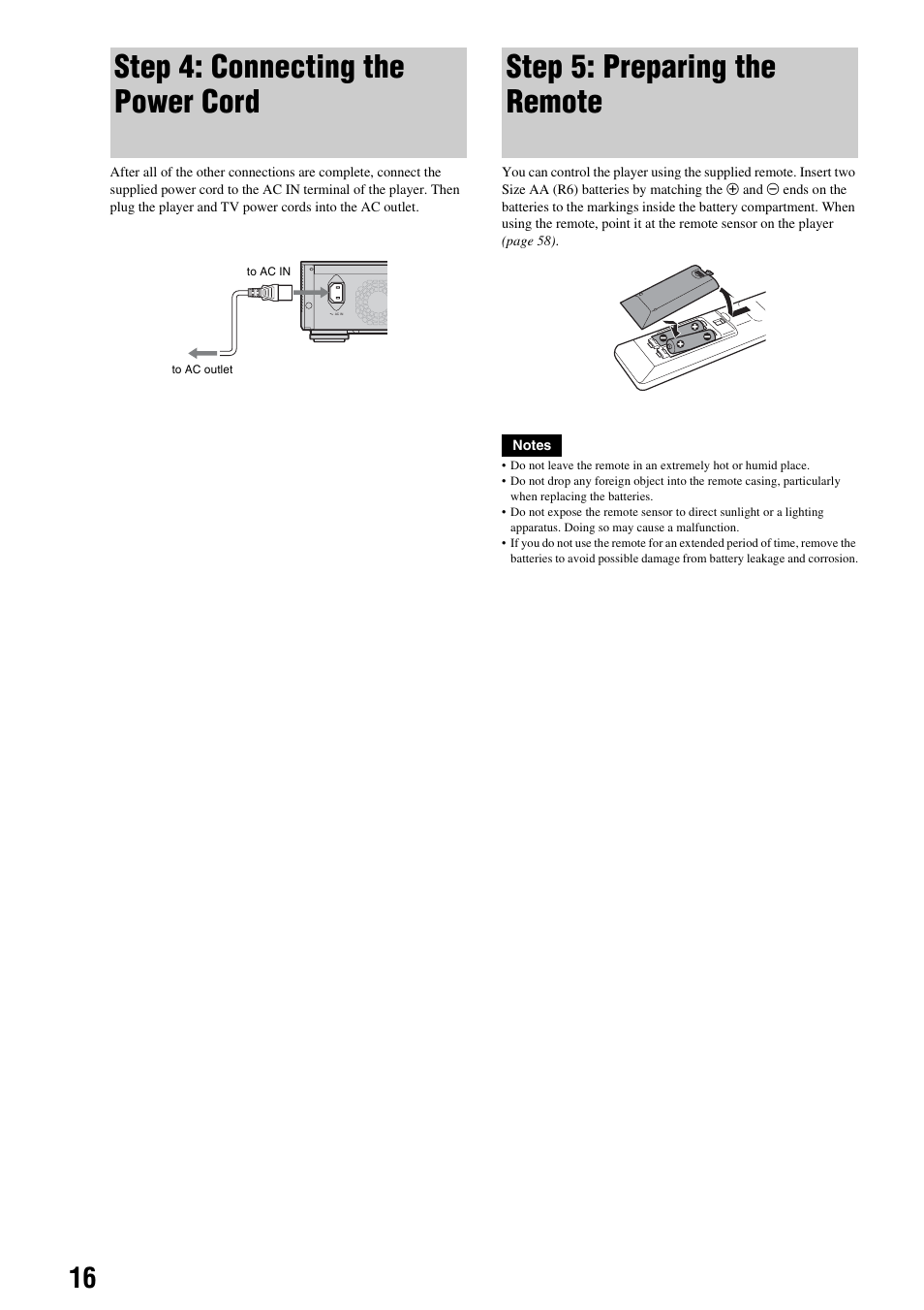 Step 4: connecting the power cord, Step 5: preparing the remote | Sony BDP-S2000ES User Manual | Page 16 / 71