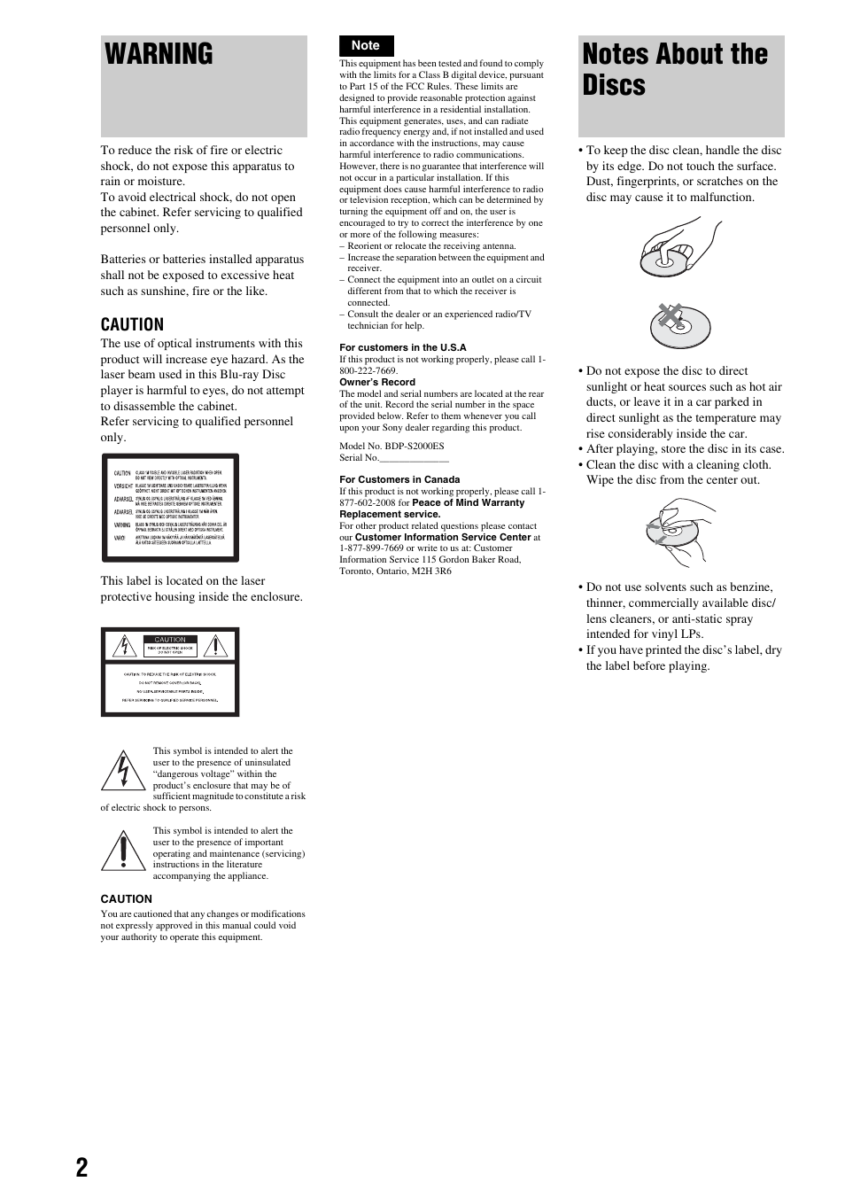Warning, Notes about the discs, Caution | Sony BDP-S2000ES User Manual | Page 2 / 71
