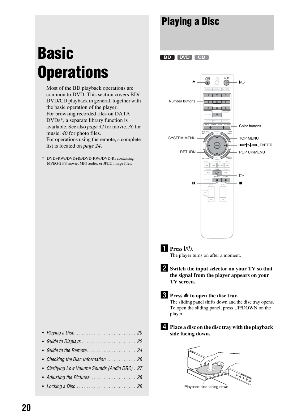Basic operations, Playing a disc, Press \ / 1 | Press z to open the disc tray, The player turns on after a moment | Sony BDP-S2000ES User Manual | Page 20 / 71