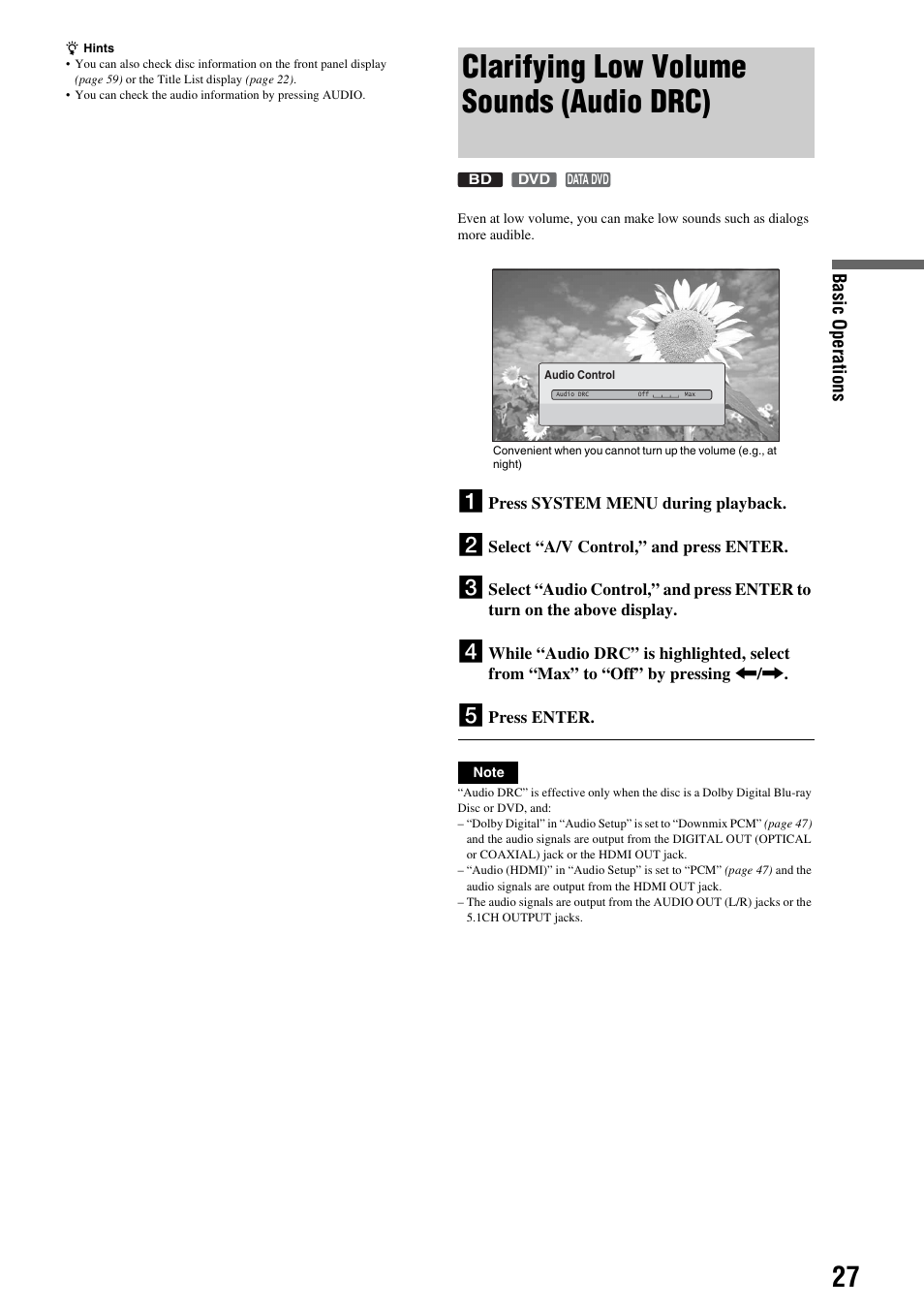 Clarifying low volume sounds (audio drc), Clarifying low volume sounds, Audio drc) | Sony BDP-S2000ES User Manual | Page 27 / 71