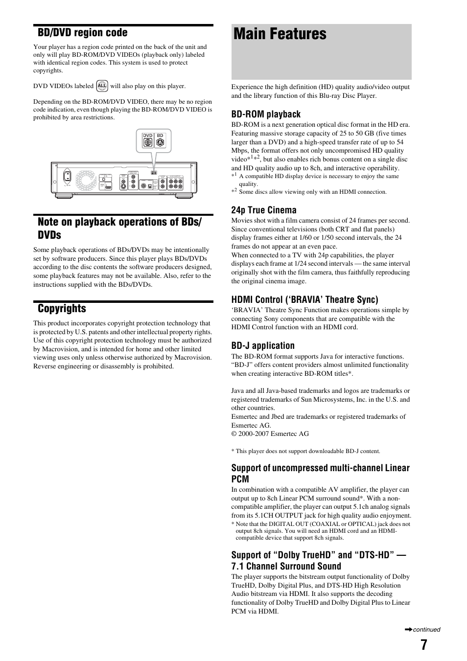 Bd/dvd region code, Note on playback operations of bds/ dvds, Copyrights | Main features, Bd-rom playback, 24p true cinema, Hdmi control (‘bravia’ theatre sync), Bd-j application, Support of uncompressed multi-channel linear pcm | Sony BDP-S2000ES User Manual | Page 7 / 71